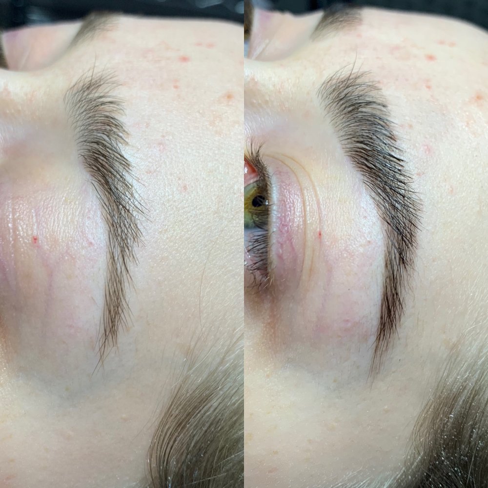 Brow lamination and tint Las Vegas: before and after laminated, tinted eyebrows at Pink Crab Wax Bar