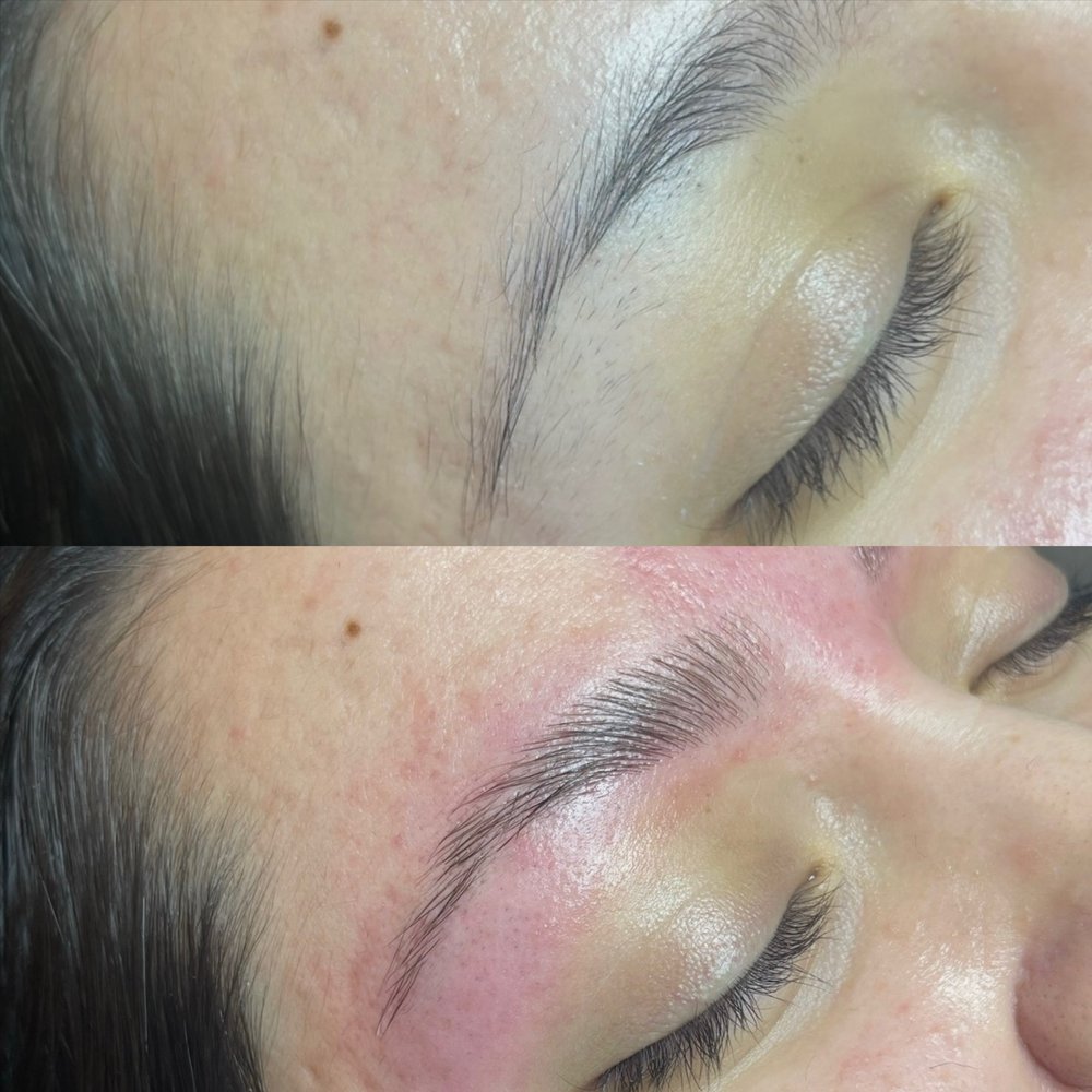 Brow lamination Las Vegas: before and after fluffy, brushed-up laminated brows at Pink Crab Wax Bar