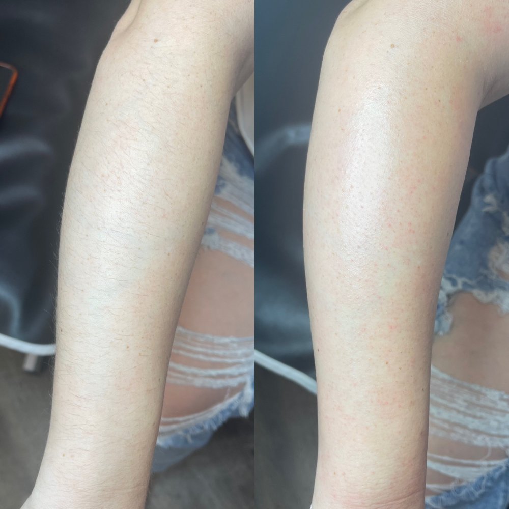 Half arm wax Las Vegas: before and after a lower arm wax at Pink Crab Wax Bar